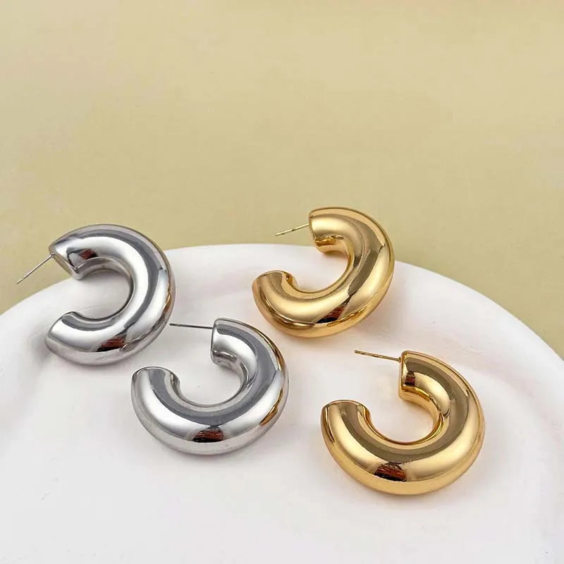 Vintage Stainless Steel Chunky C Shape Hoop Earrings for Women Fashion Gold Color Circle round Glossy Huggie Earrings Jewelry